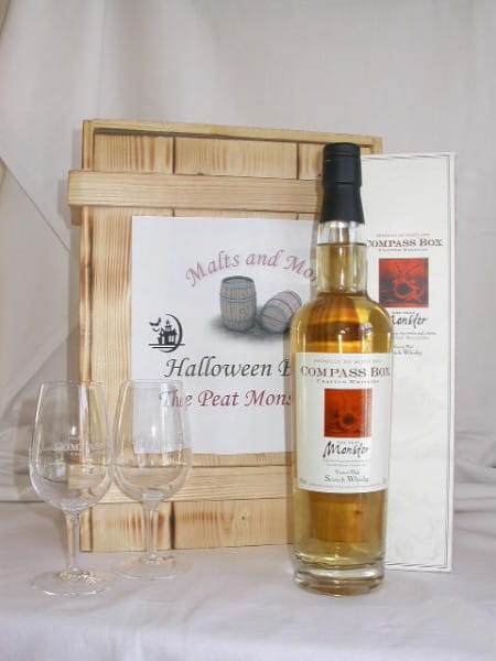 The Peat Monster Compass Box Halloween Box with 2 glasses