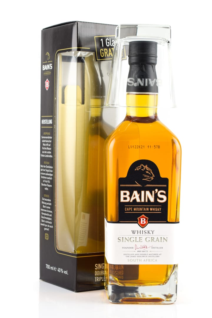 Bain's Cape Mountain Single Grain Whisky with glass at Home of Malts >>  explore now! | Home of Malts